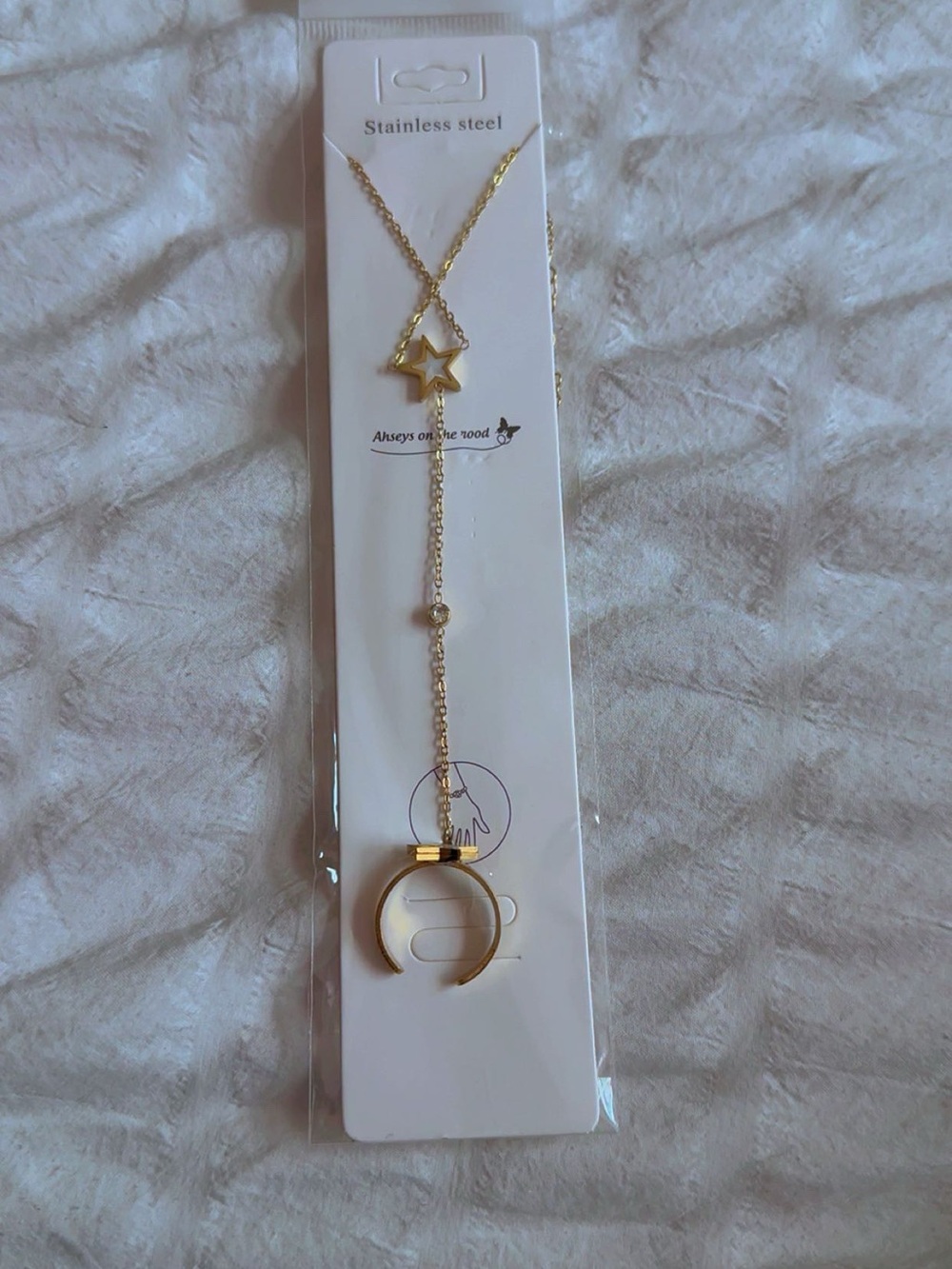 Stainless Steel Gold Star & Crescent Drop Necklace